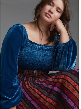 Anthropologie Velvet Smocked Square-Neck Top in Teal Blue